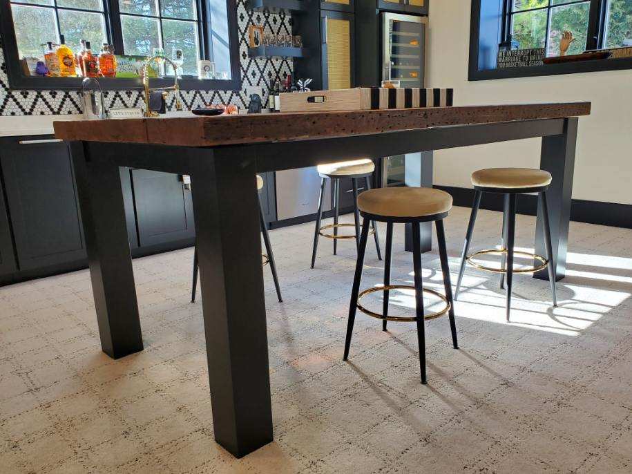 Wood table with bar stools